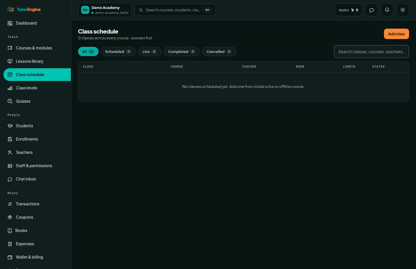 Class schedule: TutorEngine-এর আসল demo dashboard