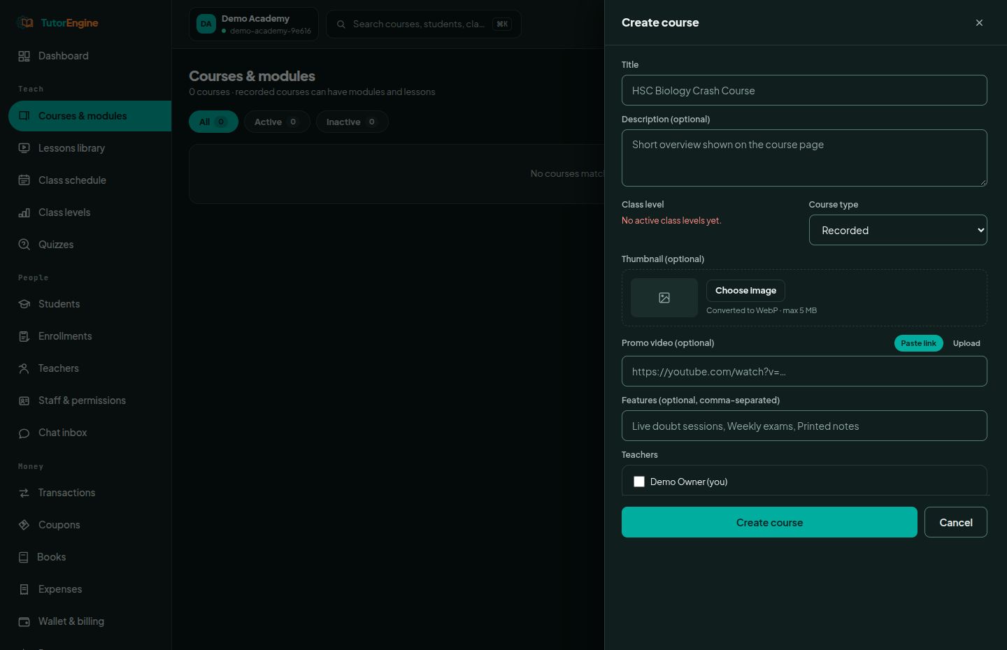 Create course: TutorEngine-এর আসল demo dashboard